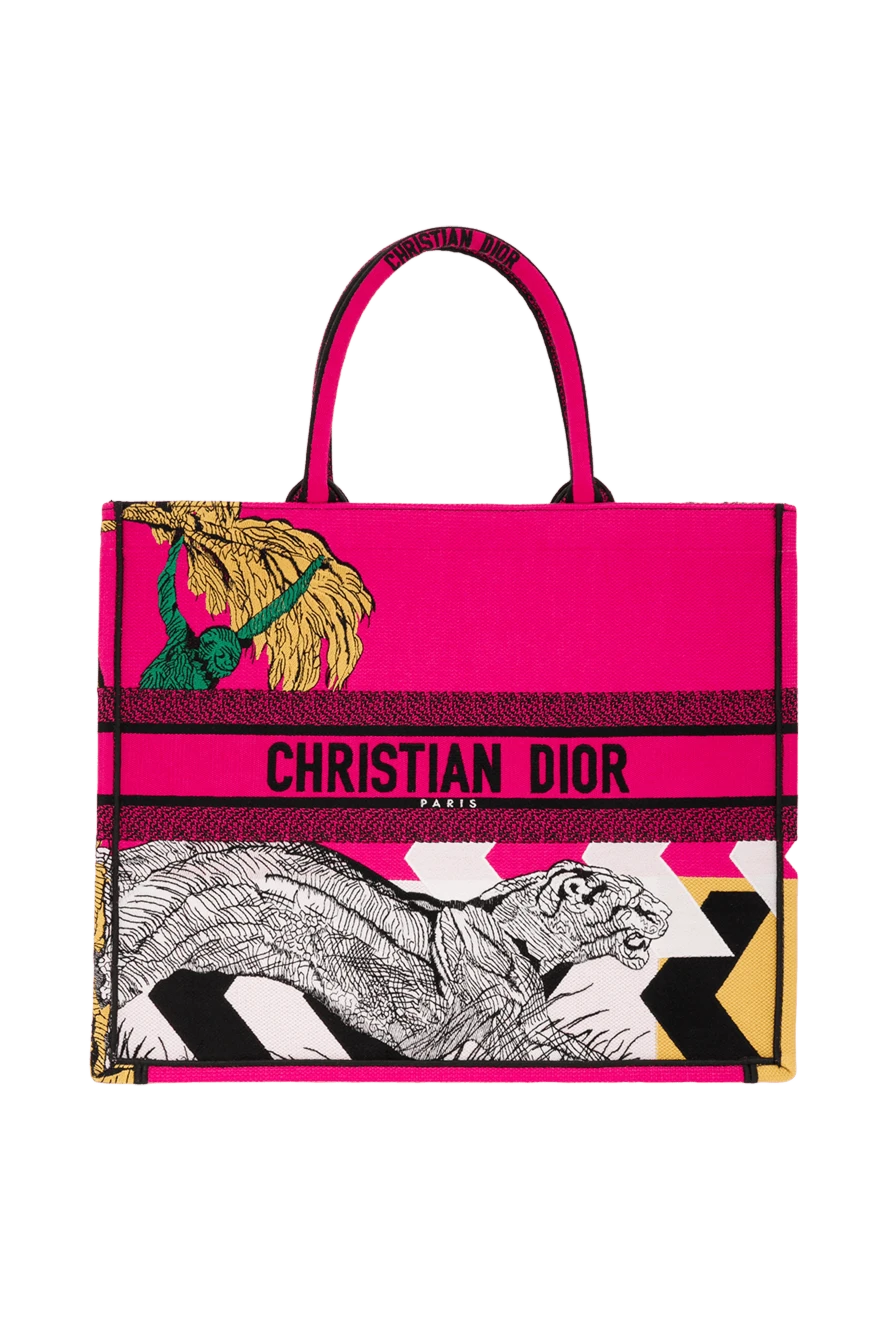 Dior сумка шоппер из хлопка розовая с фигурой тигра 187028 - фото 1