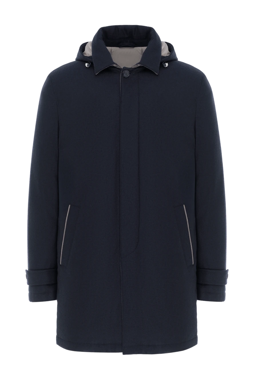 Enrico Mandelli куртка чоловіча середньої довжини синя з капюшоном з вовни та кашеміру 188267 - фото 1