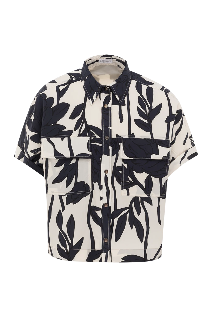 Brunello Cucinelli women's cotton poplin blouse with leaf print blue 188341 - photo 1