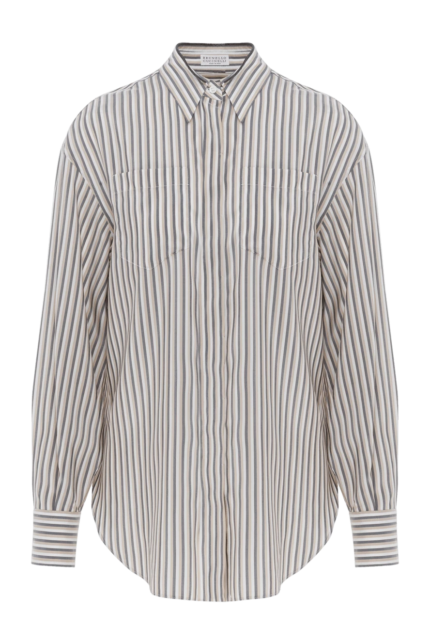 Brunello Cucinelli жіноча сорочка з шовку в сіру та бежеву смужку 188351 - фото 1