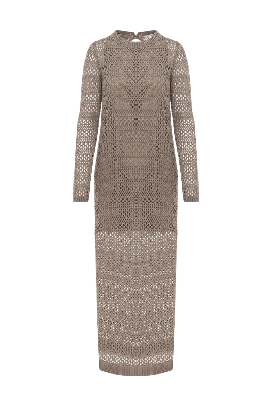 Brunello Cucinelli сітчасте плаття міді з розрізами бежевого кольору з льону та шовку 188411 - фото 1