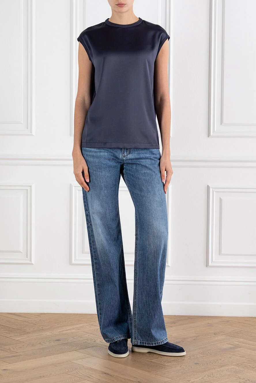 Brunello Cucinelli блуза синя з ланцюжком моніль із шовку 188461 - фото 1