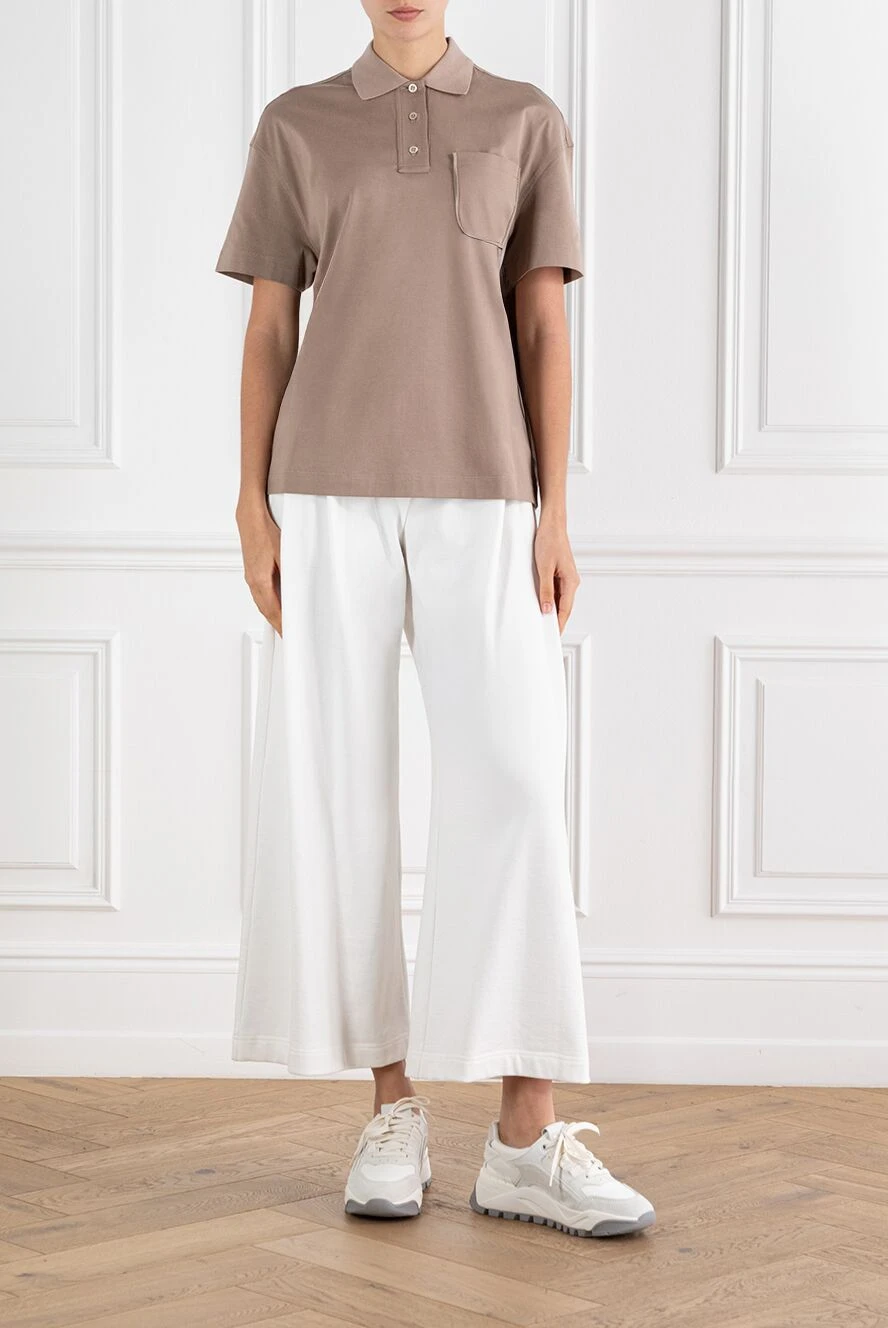 Brunello Cucinelli бежевое женское поло с нагрудным карманом и цепочкой мониль из хлопка 188464 - фото 1