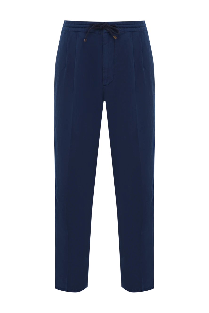 Brunello Cucinelli men's blue linen cotton drawstring trousers with pinch details 188686 - photo 1