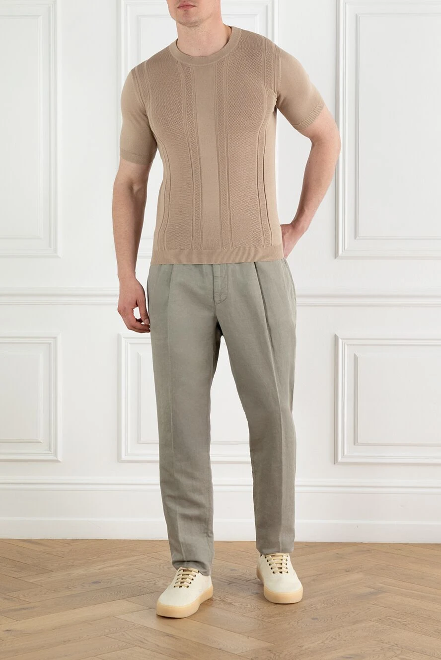 Brunello Cucinelli мужской бежевый джемпер с коротким рукавом из хлопка с вязаным узором 188748 - фото 1