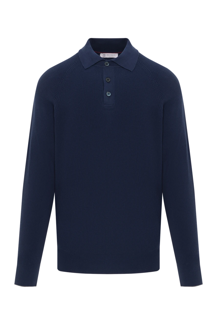 Brunello Cucinelli поло из хлопка с длинным рукавом синее в рубчик 188755 - фото 1