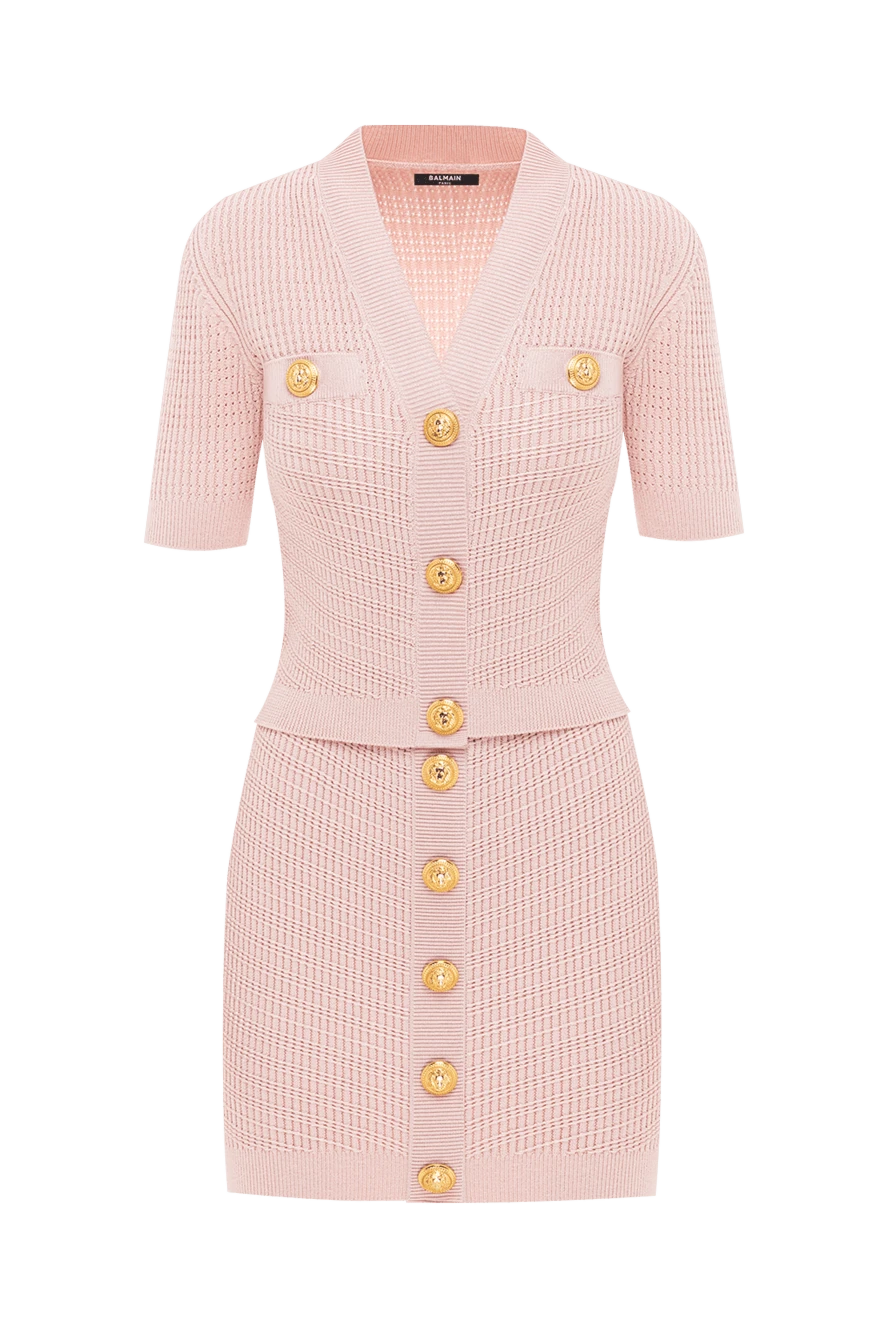 Balmain в'язаний трикотажний топ зі спідницею рожевого кольору з фірмовими гудзиками. 189007 - фото 1