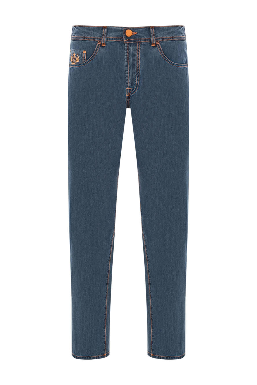 Scissor Scriptor джинси із щільного деніму кольору індиго з яскравими швами та жовтим логотипом. 189769 - фото 1