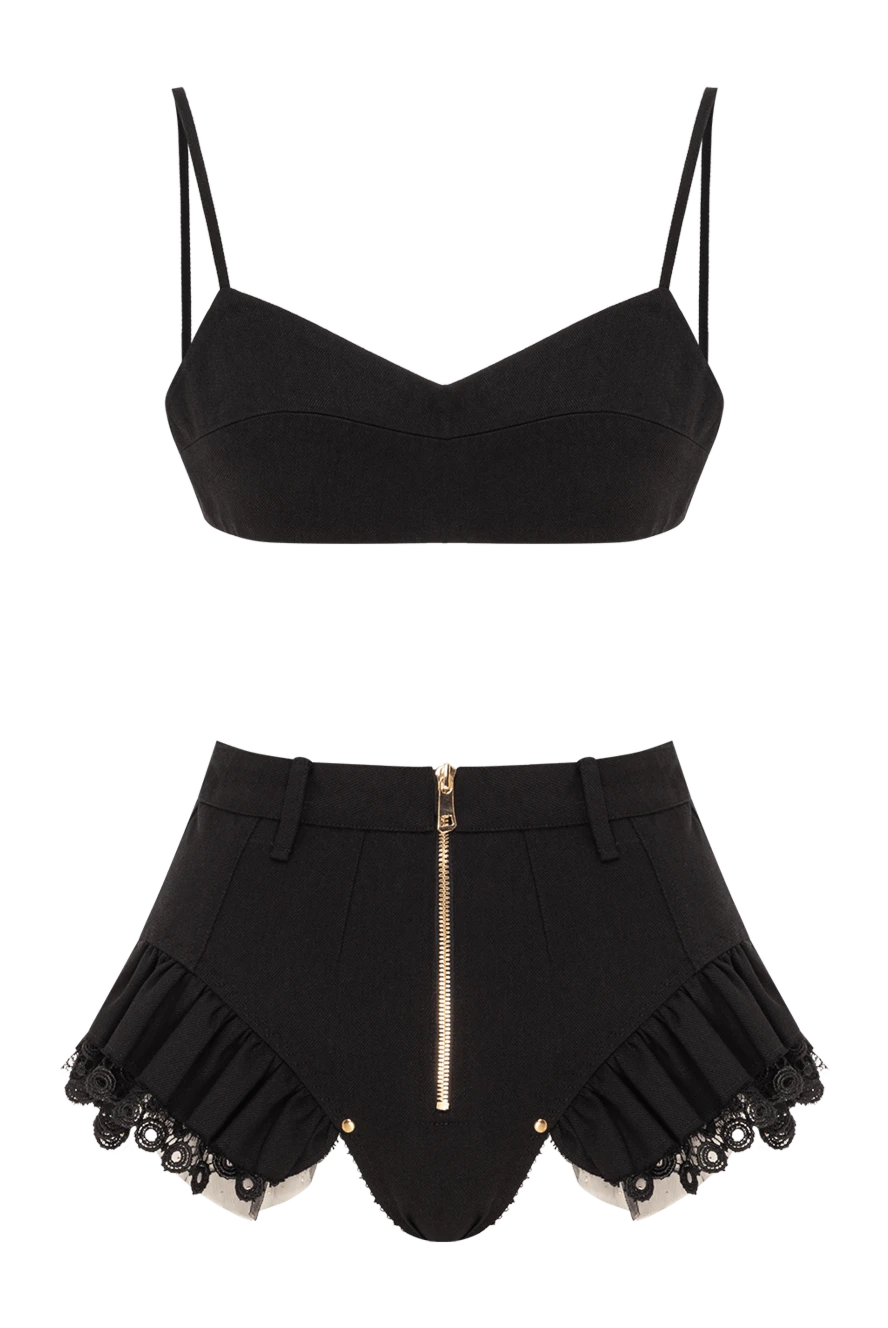 Fleur de Paris льняний жіночий костюм чорного кольору топ та шорти з мереживом 190212 - фото 1