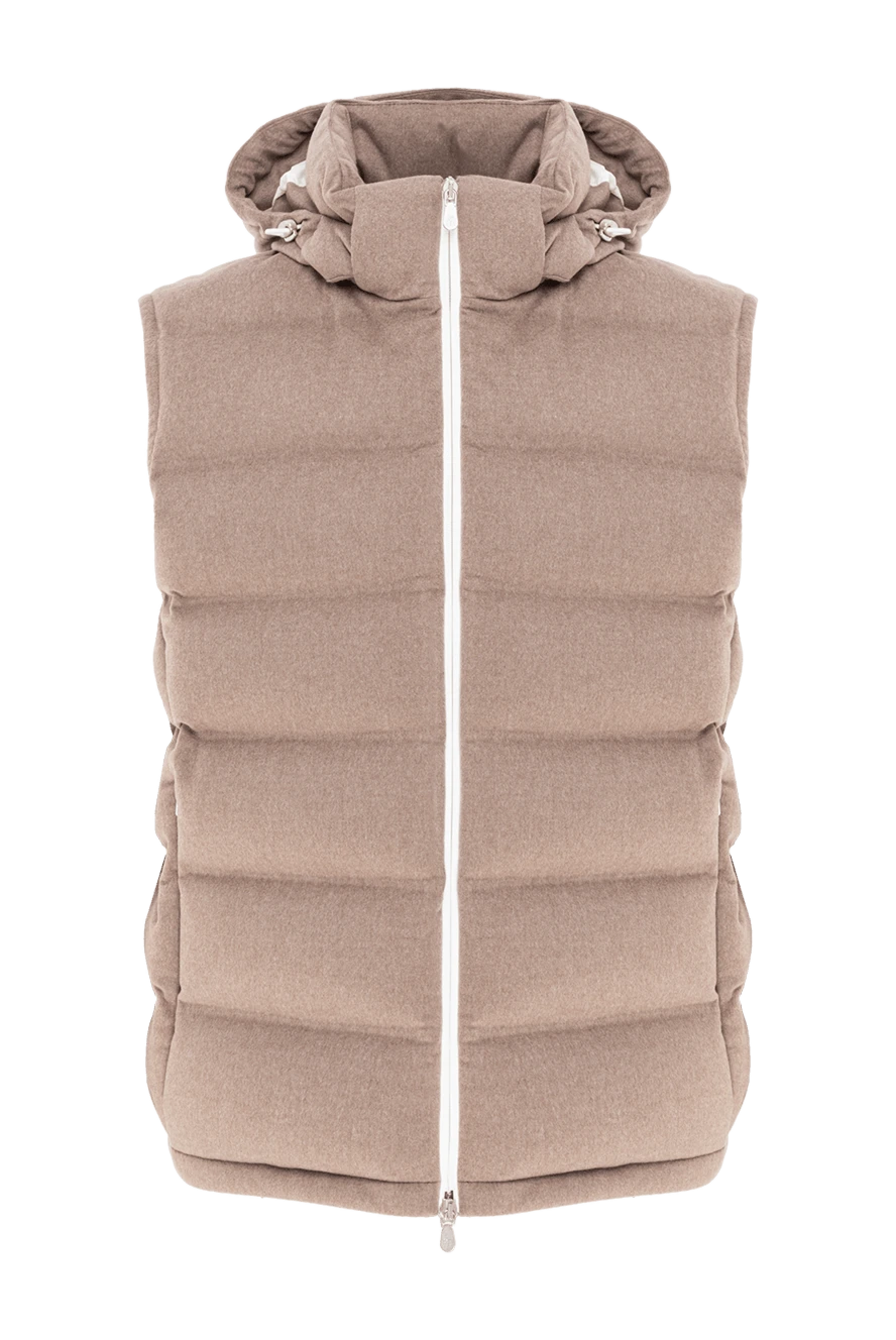 Brunello Cucinelli жилет пуховый бежевый с капюшоном и контрастной молнией из шерсти 190582 - фото 1