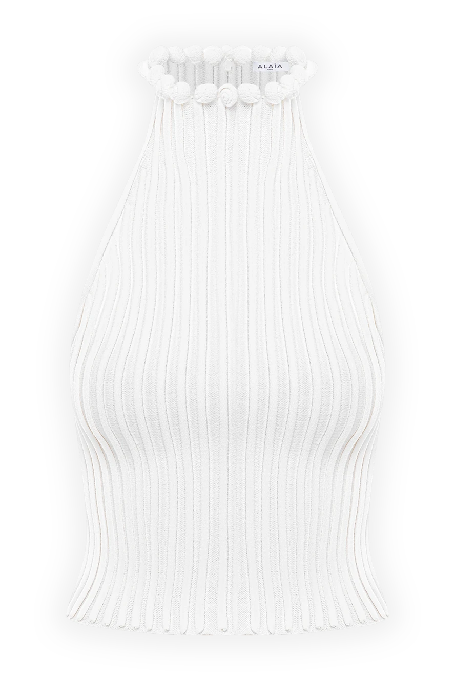 Alaia трикотажный белый топ в рубчик с акцентным узором по вороту 191703 - фото 1