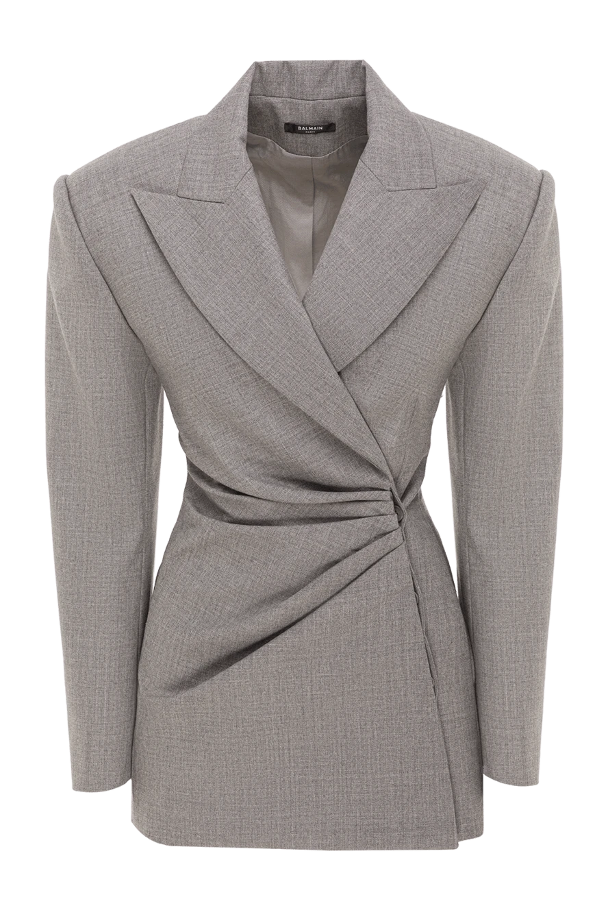 Balmain коротка сіра сукня-жакет із драпірованої вовни 193002 - фото 1