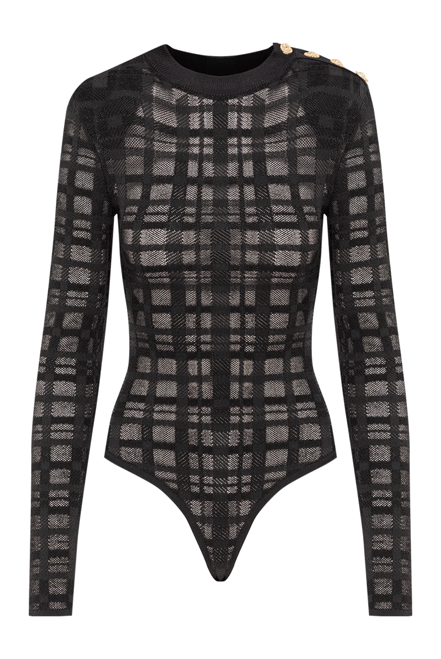Balmain черное женское боди из полупрозрачного трикотажа с жаккардовым узором в клетку 193731 - фото 1
