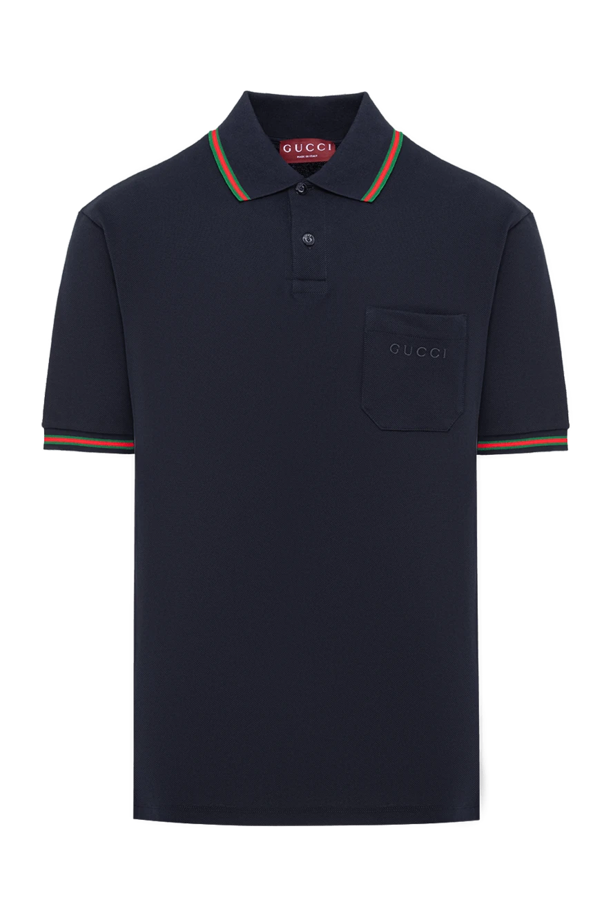Gucci темно-синее хлопковое поло с фирменной красно-зеленой отделкой web 195153 - фото 1