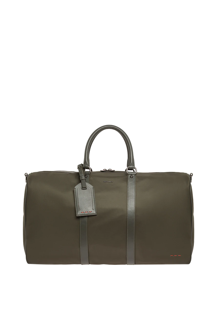 Kiton дорожная зеленая сумка из текстиля с кожаной отделкой и красными стежками 195846 - фото 1