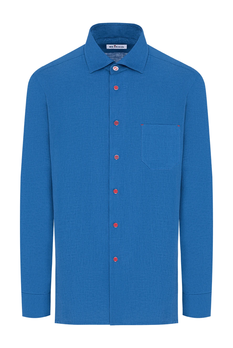 Kiton мужская ярко-синяя льняная рубашка с контрастными брендированными кнопками 195857 - фото 1