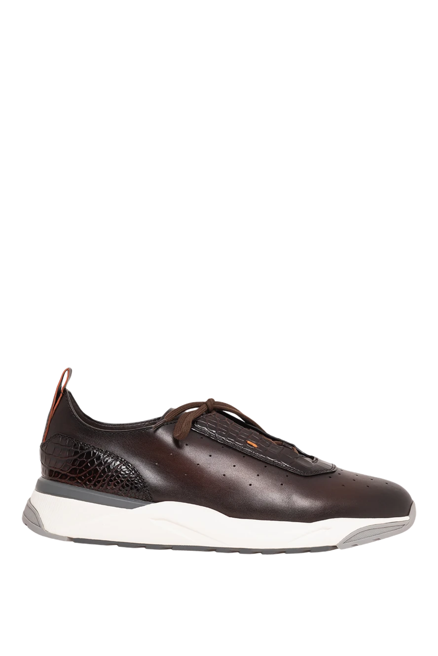 Santoni коричневі шкіряні кросівки з обробкою з крокодила та помаранчевим акцентом 195879 - фото 1