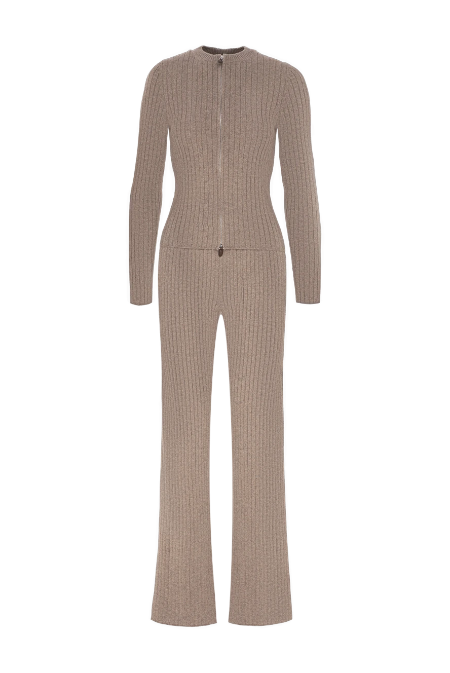 Loro Piana коричневий трикотажний костюм coste у рубчик з кардигану на блискавці та брюк-палаццо 195887 - фото 1