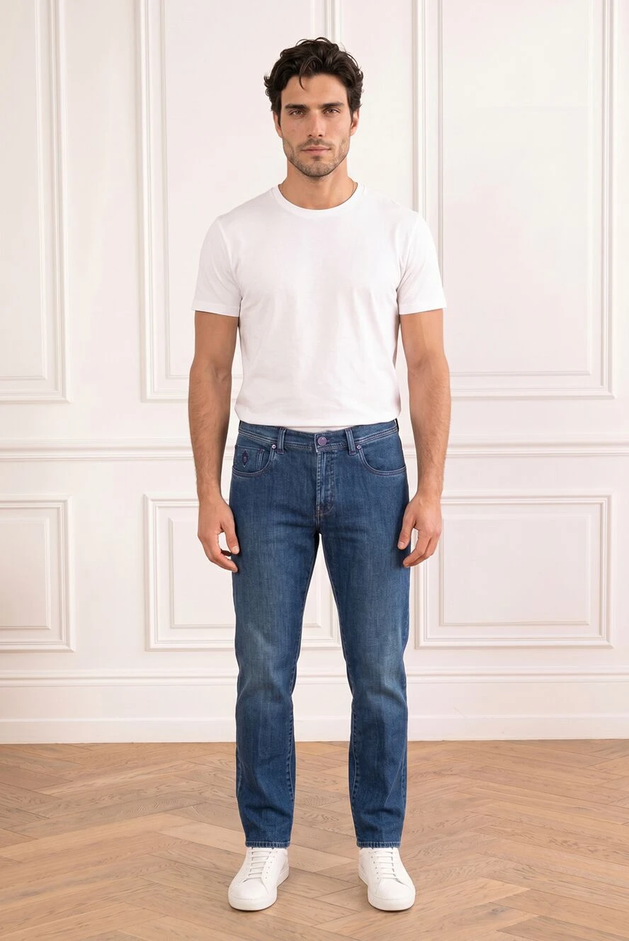 Scissor Scriptor men's blue skinny jeans with a bright purple button 196100 - photo 1