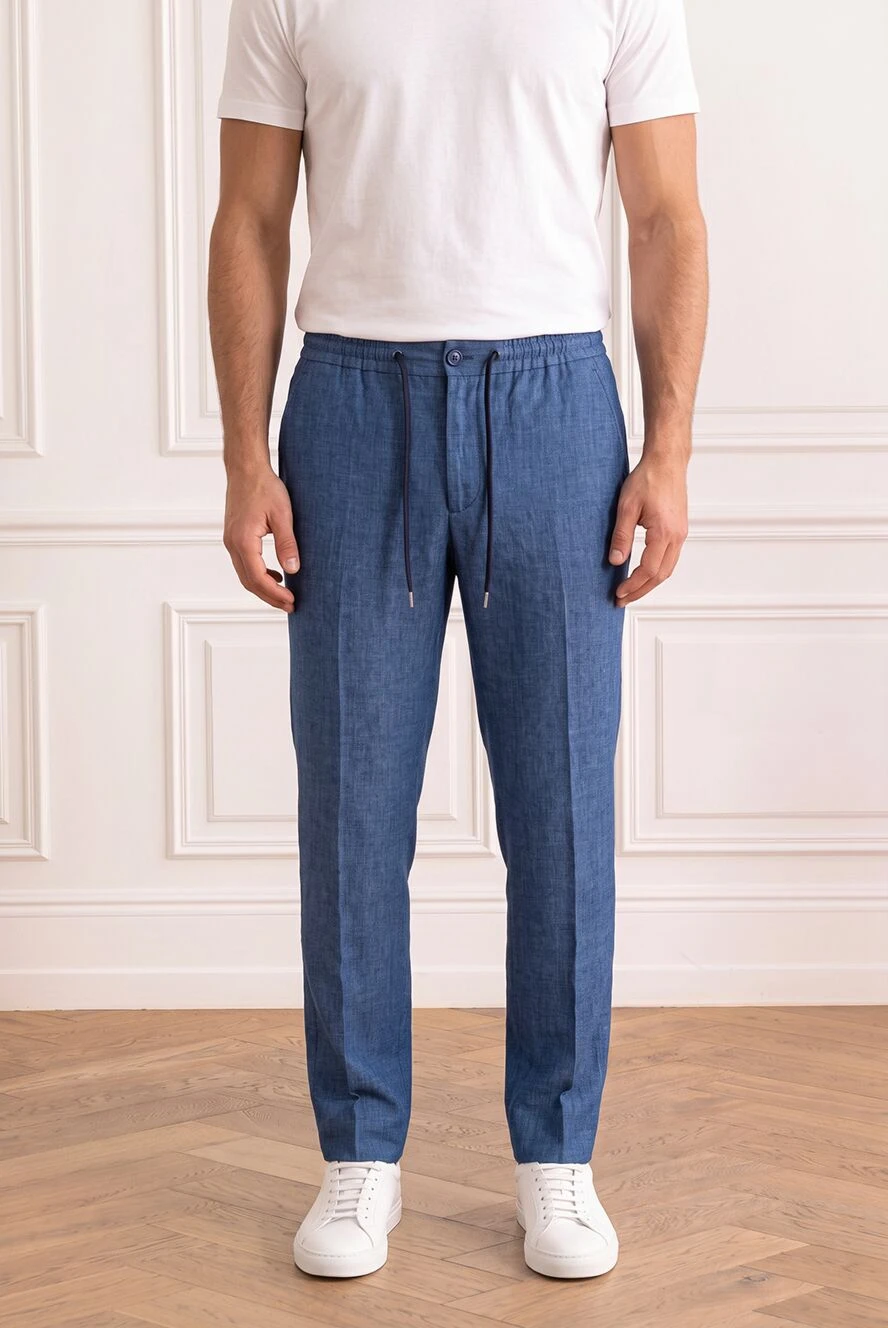 Cesare di Napoli bright blue premium linen drawstring trousers with creases 196601 - photo 1