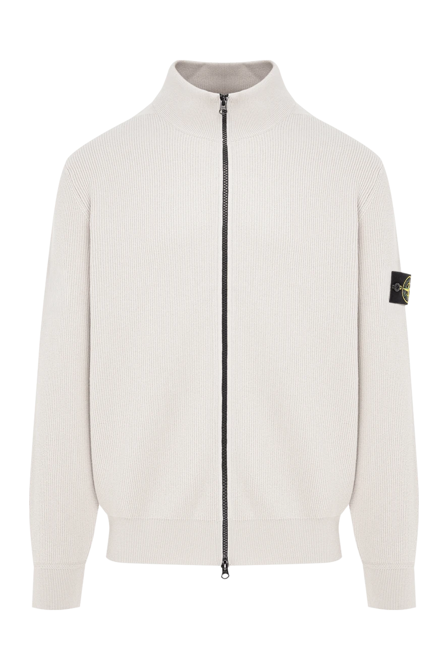 Stone Island в'язаний кардиган у рубчик світло-сірого кольору з патчем 197767 - фото 1