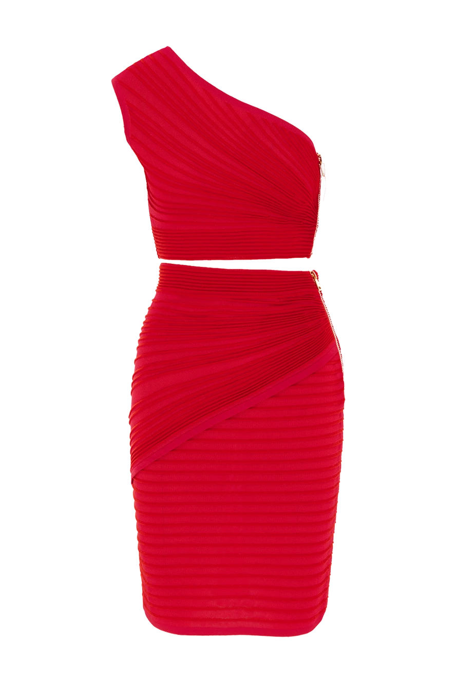 Balmain красный костюм с открытыми плечами и драпировкой 188122 - фото 1