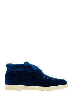 Santoni лоферы женские из велюра и меха синие 162379 - фото 1