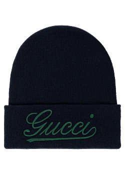 Gucci шапка шерстяная мужская синяя с вышивкой 185216 - фото 1