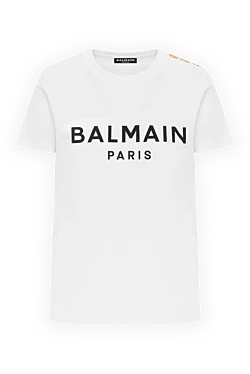 Balmain белая футболка с принтом с золотыми пуговицами на плече 186486 - фото 1