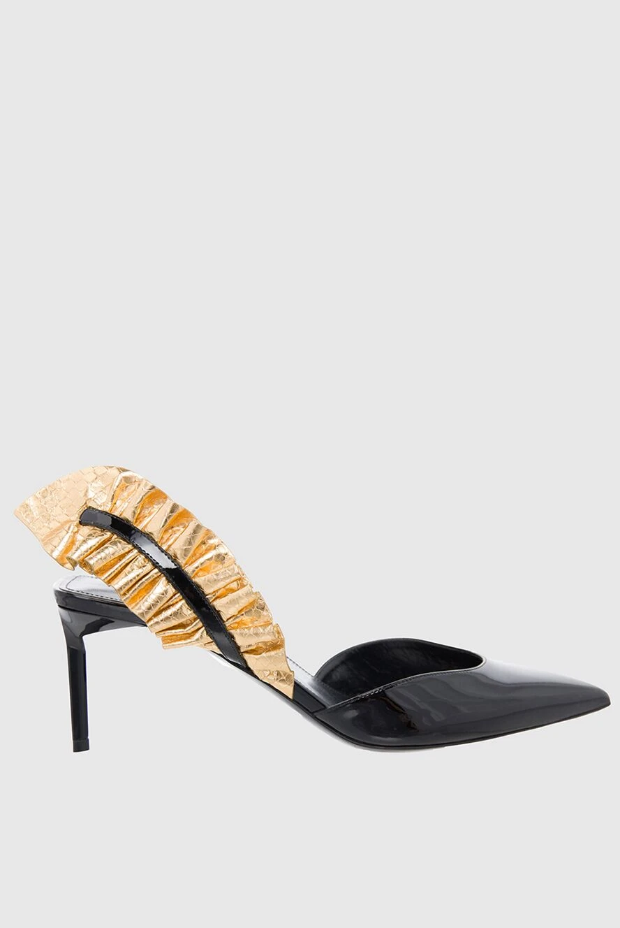 Saint Laurent туфли женские чёрные кожаные с золотой драпировкой 139473 - фото 1