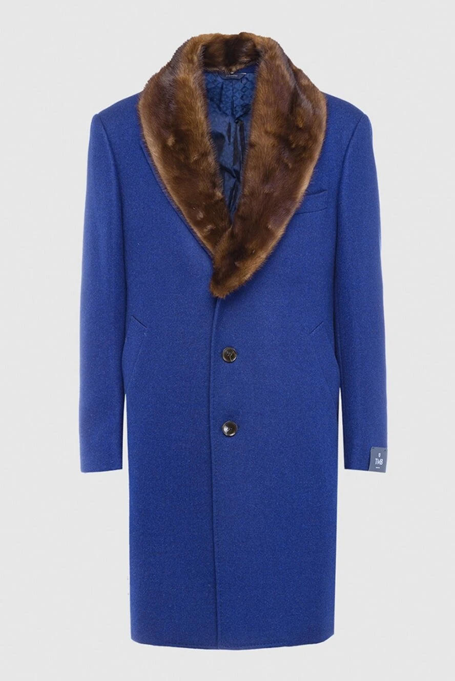 Tombolini men's blue wool chesterfield coat with a contrasting fur shawl collar 142775 - photo 1