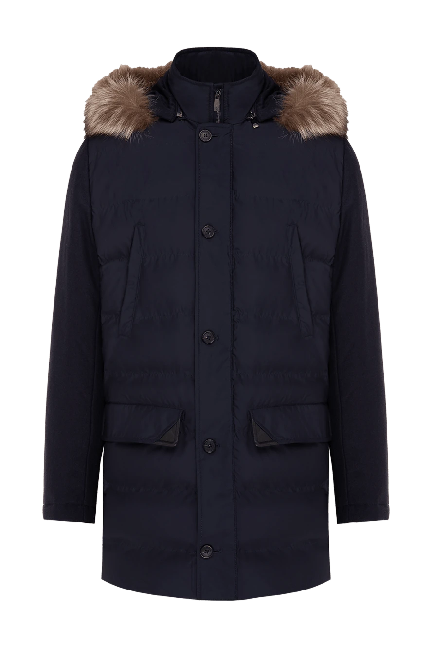 Corneliani пуховик синий с меховой оторочкой капюшона и шерстяными рукавами мужской 155047 - фото 1