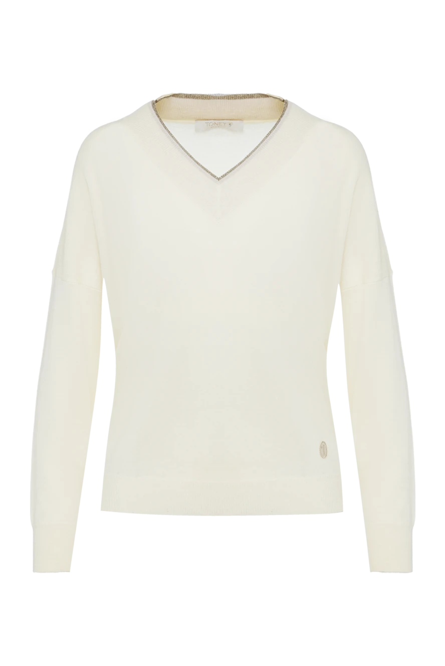 Tonet white womens jumper with a contrasting stripe along the v-neckline 162346 - photo 1