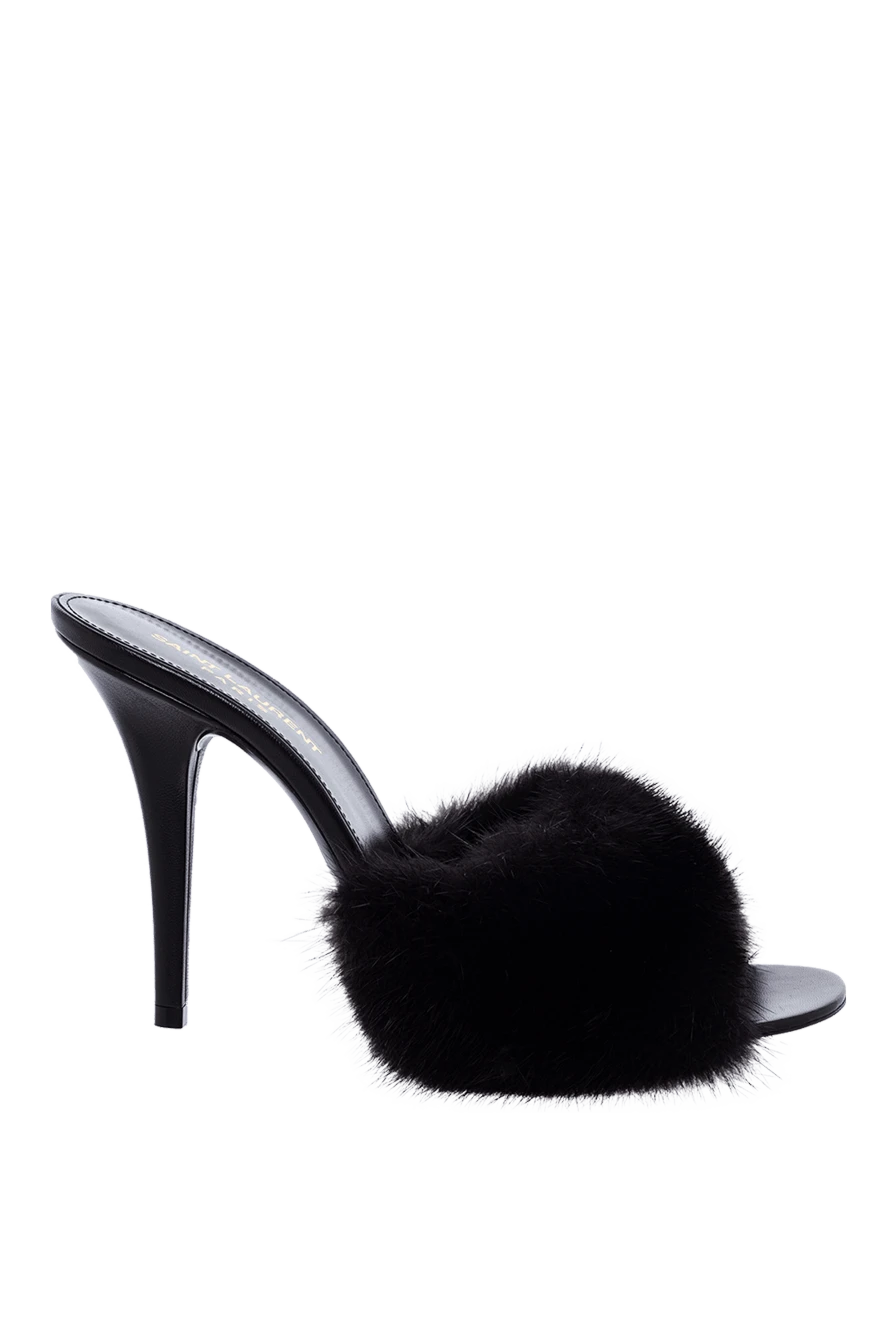 Saint Laurent мюли женские кожаные с мехом и высоким каблуком черные 163800 - фото 1