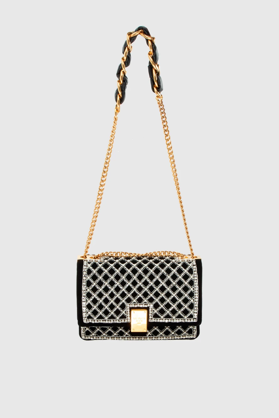 Balmain black leather bag on a gold-plated chain with a pearl-embellished magnetic clasp women's 171554 - photo 1