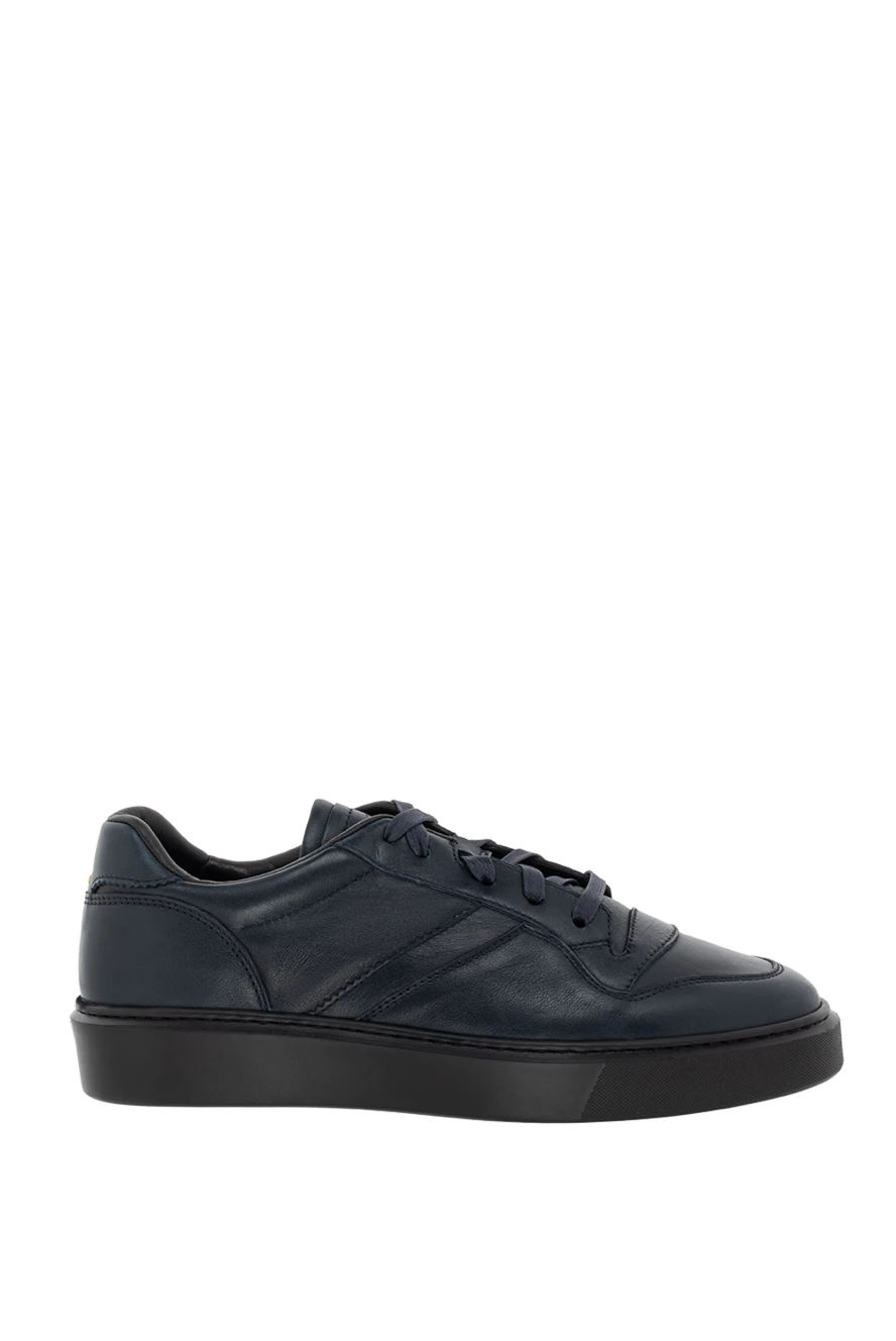Doucal`s blue leather and fur snickers for men 174399 - photo 1