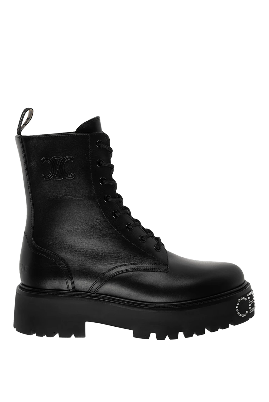 Celine leather boots decorated with brand name in rhinestones on the sole black women's 175257 - photo 1