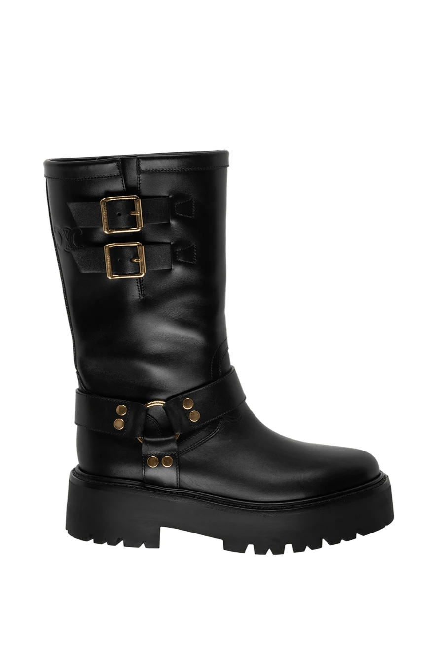 Celine black leather boots with gold-plated buckles on a chunky sole women's 175259 - photo 1