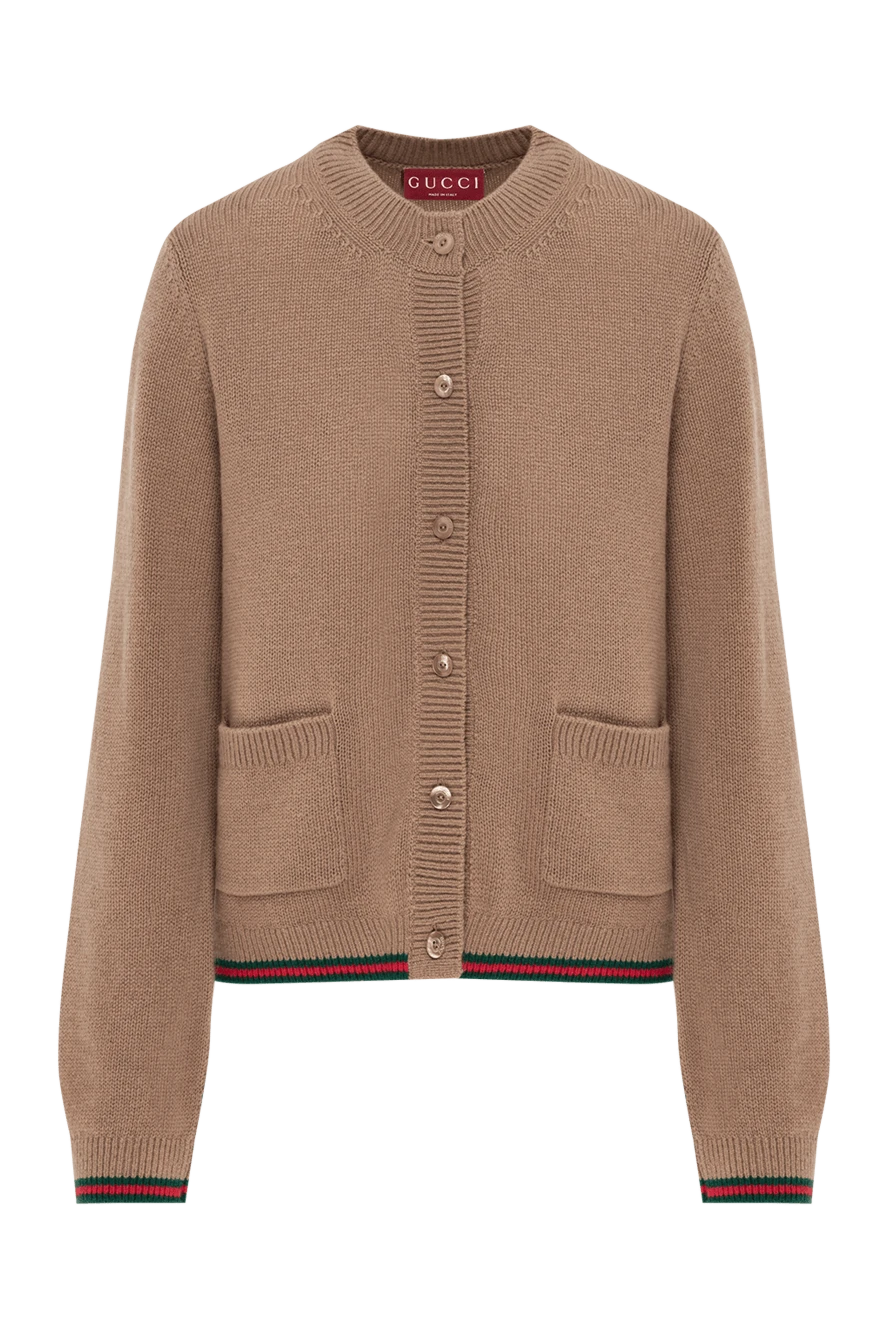 Gucci вязаный кардиган из кашемира женский коричневый с лентой web 186691 - фото 1