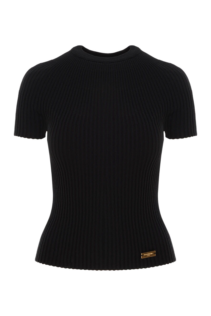 Balmain черный топ из трикотажного ребристого вязанного материала 187140 - фото 1