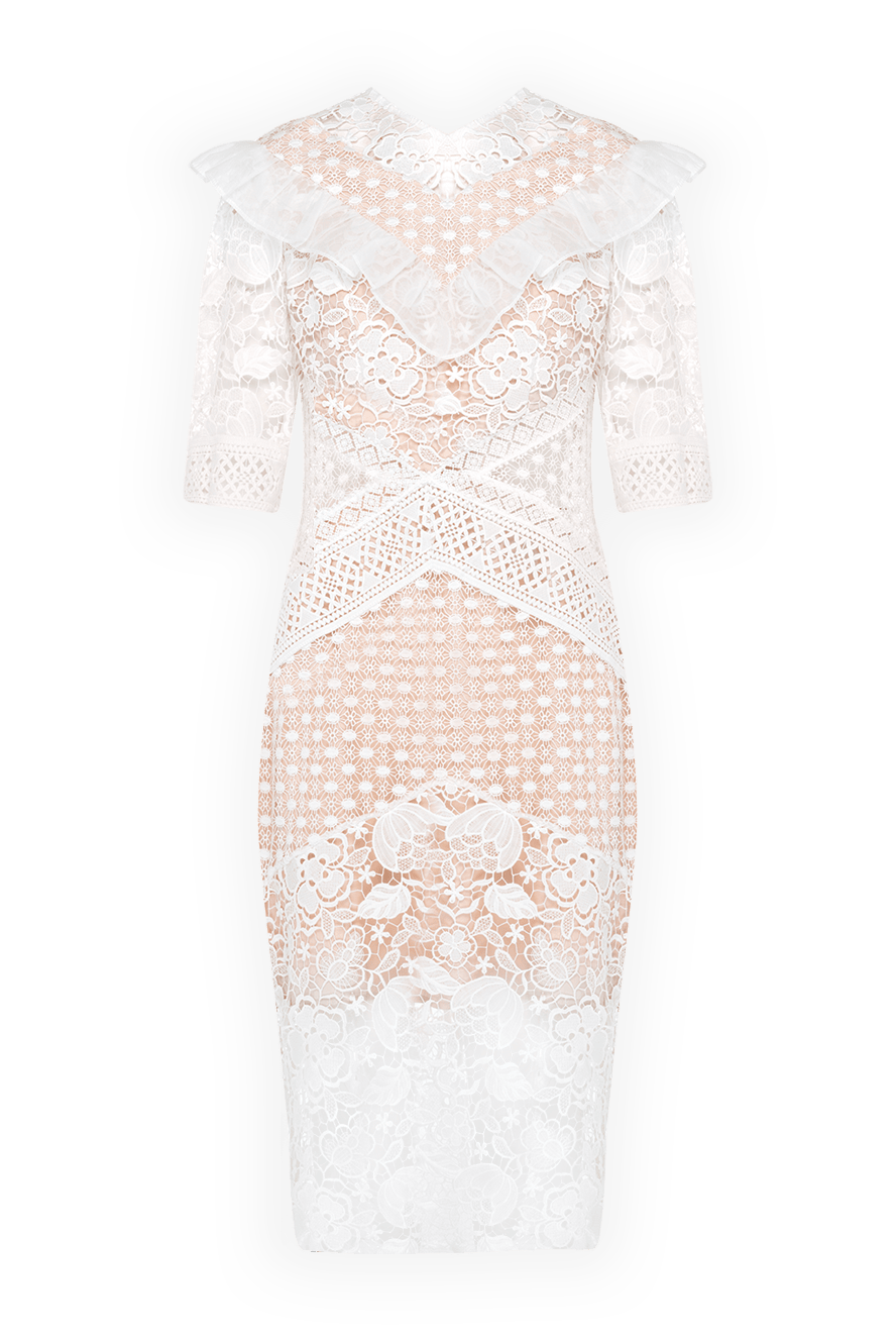 Fleur de Paris ажурное платье миди белое с фигурной кокеткой и