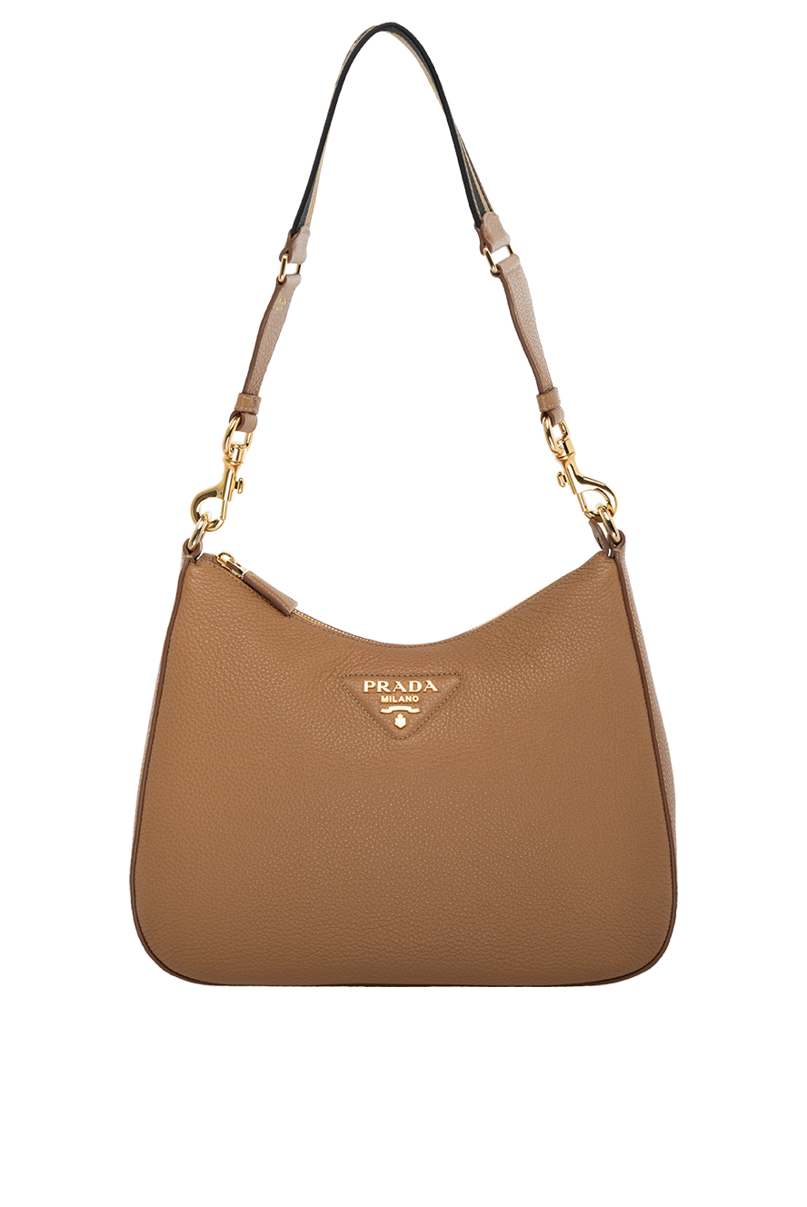 Prada кожаная сумка-хобо коричневого цвета с текстильным плечевым